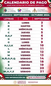 CALENDARIO OFICIAL DE PAGOS BIMESTRE SEPTIEMBRE-OCTUBRE