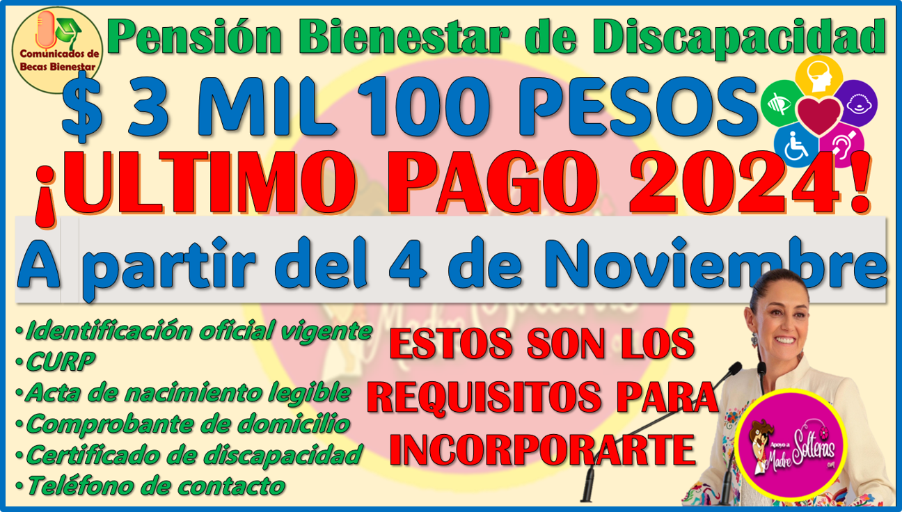 ¡En Noviembre recibes tu ULTIMO PAGO! de la Pensión Bienestar de Discapacidad 2024