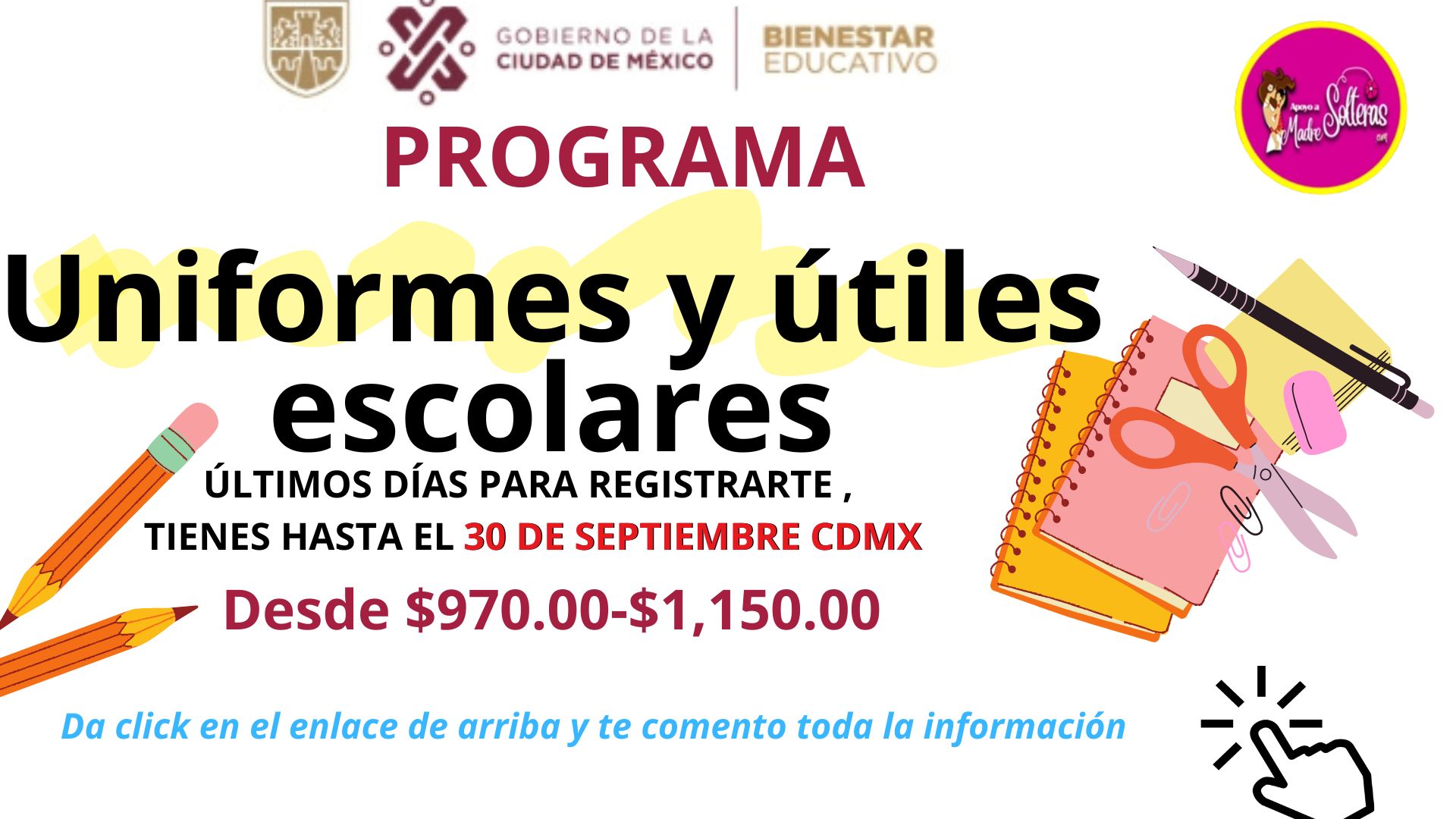 ¡Quedan pocos días!"BECA UNIDORMES Y ÚTILES", Desde $970.00-$1,150.00 registro hasta el día 30 de Septiembre 2024.